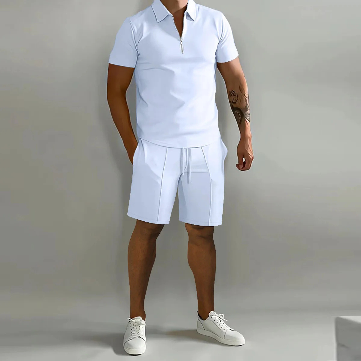 Men's Polo Shirt And Shorts Set White Cotton
