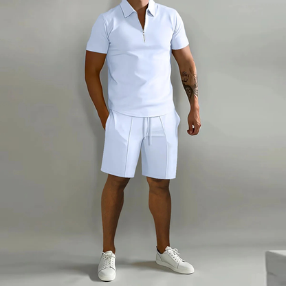 Men's Polo Shirt And Shorts Set White Cotton
