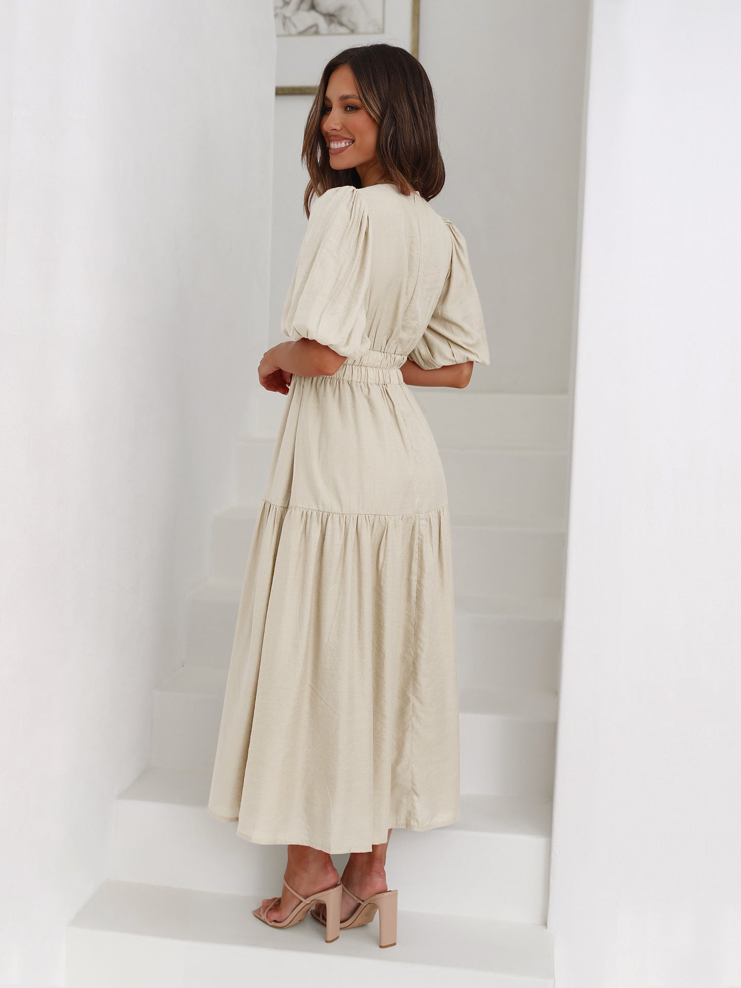 Women's V-Neck Midi Dress Puff Sleeve Smocked Waist