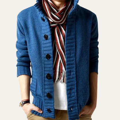 Men's Chunky Knit Cardigan High Neck Button Up Wool Grey