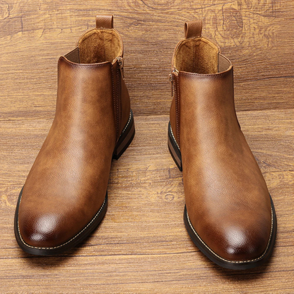 Men's Chelsea Leather Ankle Boots Elastic Sides Brown