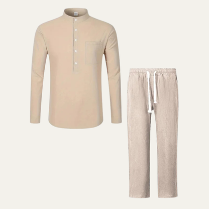 Men's Linen Polo Pants Set Lightweight Casual Beige - VibreMode