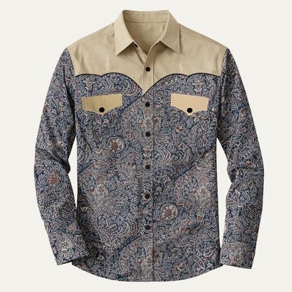 Men's Western Denim Shirt Two Tone Patchwork Soft Blue - VibreMode