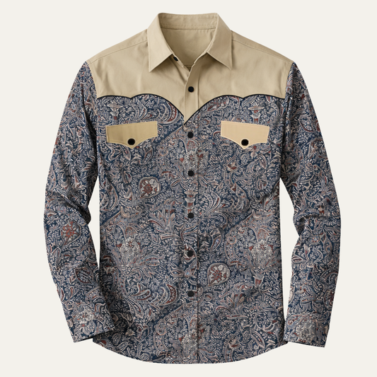 Men's Western Denim Shirt Two Tone Patchwork Soft Blue - VibreMode