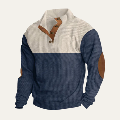Men's Corduroy Sweater Button Neck Color Block Red