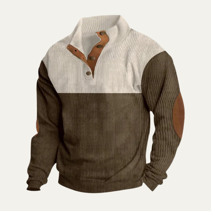 Men's Corduroy Sweater Button Neck Color Block Red