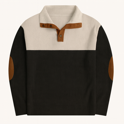 Men's Corduroy Sweater Button Neck Color Block Red - VibreMode