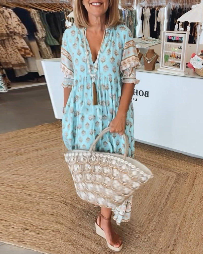 Women's Printed V-Neck Dress - VibreMode