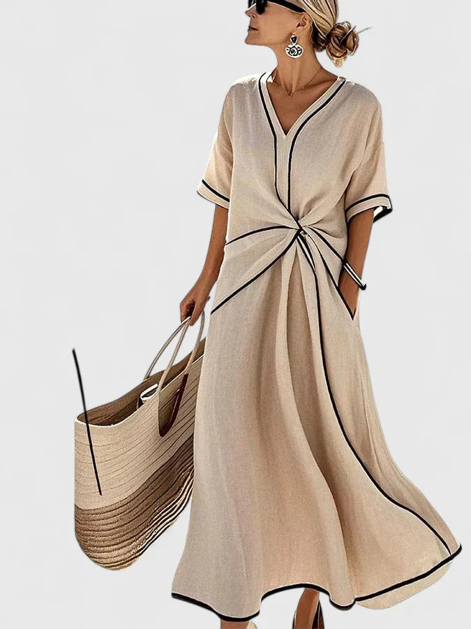 Elegant V Neck Tie Waist Midi Dress for Women