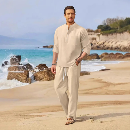 Men's Linen Polo Pants Set Lightweight Casual Beige