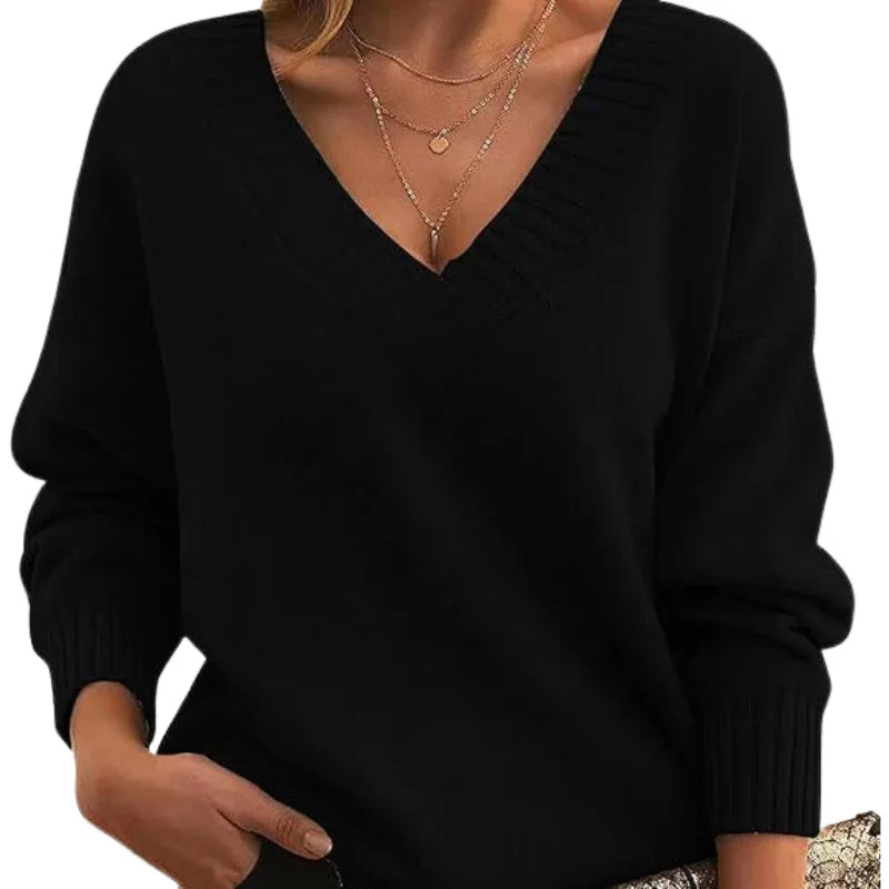 Women's Textured Knit Sweater Relaxed Fit V-Neck