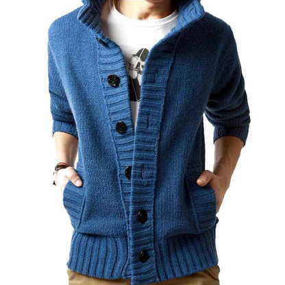 Men's Chunky Knit Cardigan High Neck Button Up Wool Grey