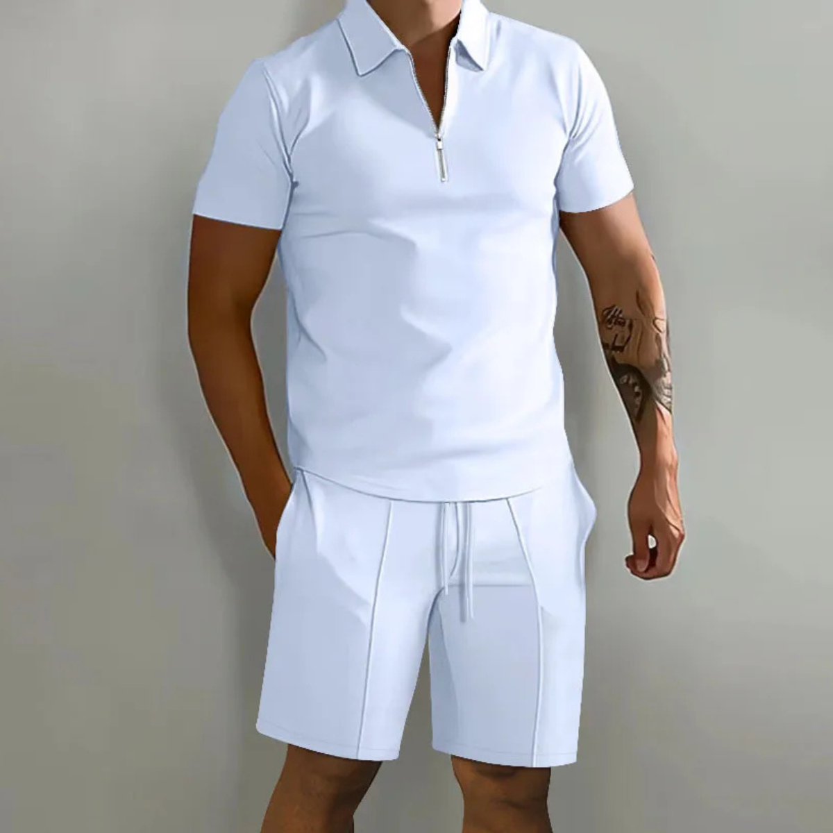 Men's Polo Shirt And Shorts Set White Cotton