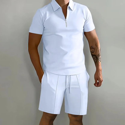 Men's Polo Shirt And Shorts Set White Cotton