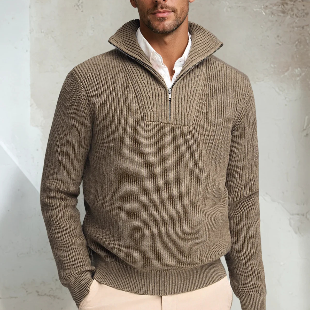 Men's Ribbed Half Zip Sweater Funnel Neck