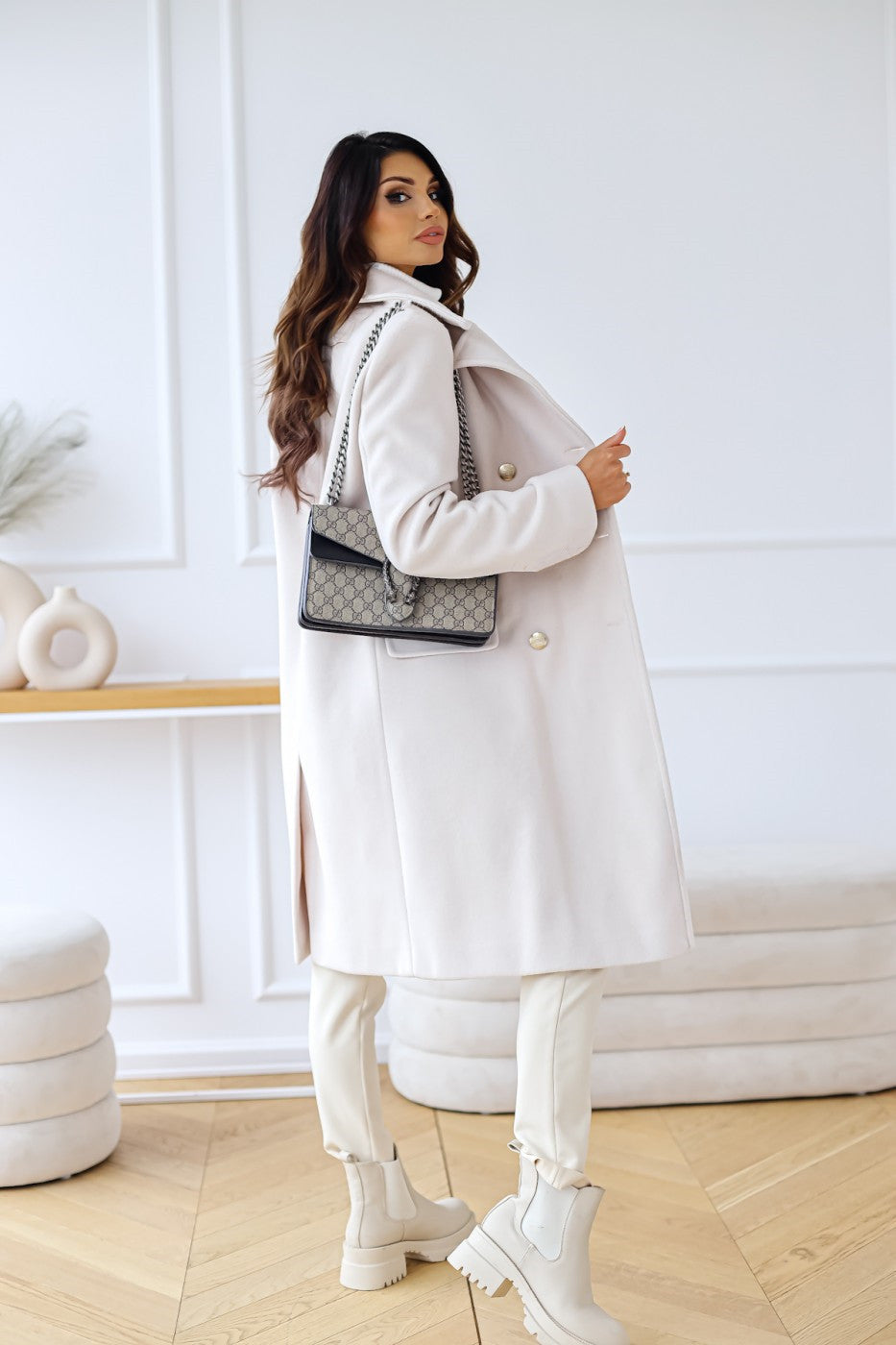 Women's Double-Breasted Long Coat Gold Button Accents