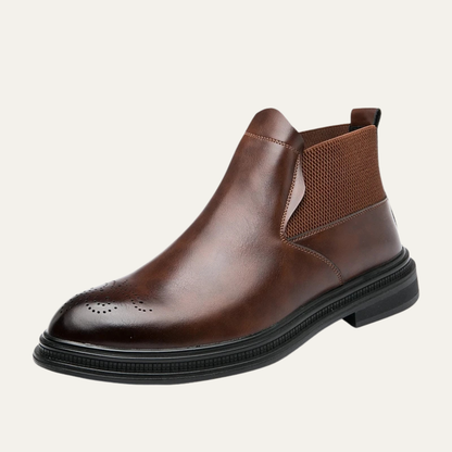 Men's Leather Ankle Boots Brown Brogue Detail - VibreMode