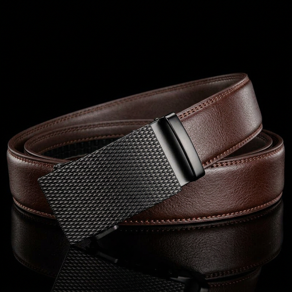 Men's Adjustable Leather Belt Textured Buckle Brown - VibreMode
