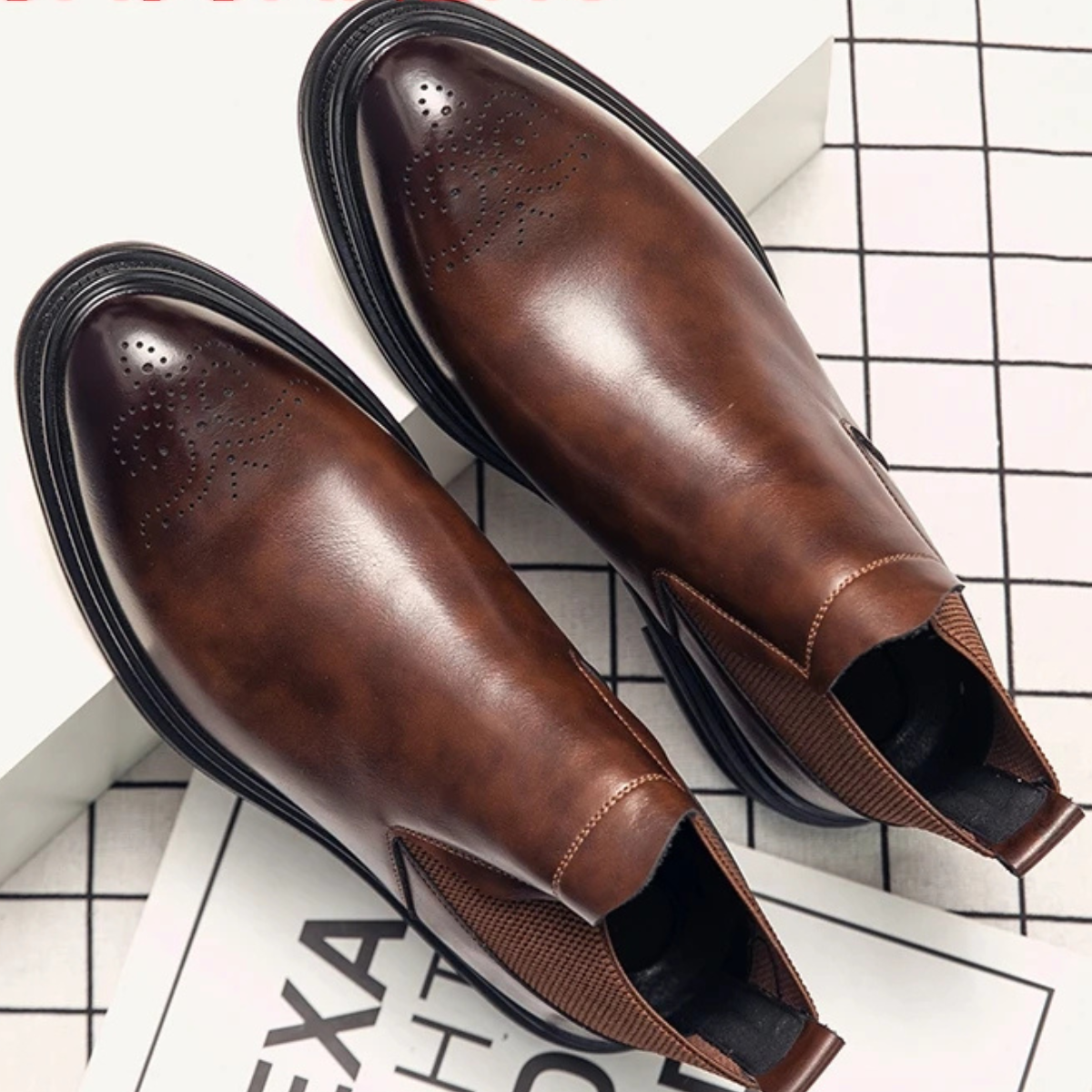 Men's Leather Ankle Boots Brown Brogue Detail