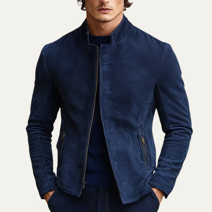 Men's Navy Suede Bomber Jacket Slim Fit