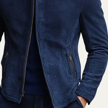 Men's Navy Suede Bomber Jacket Slim Fit
