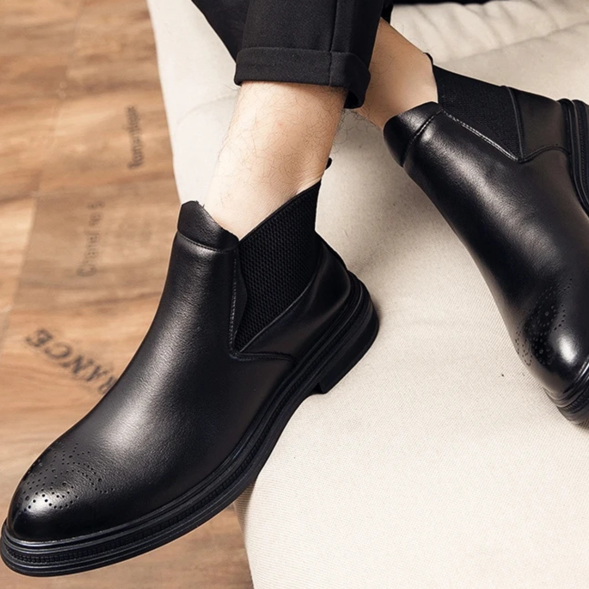 Men's Leather Ankle Boots Brown Brogue Detail