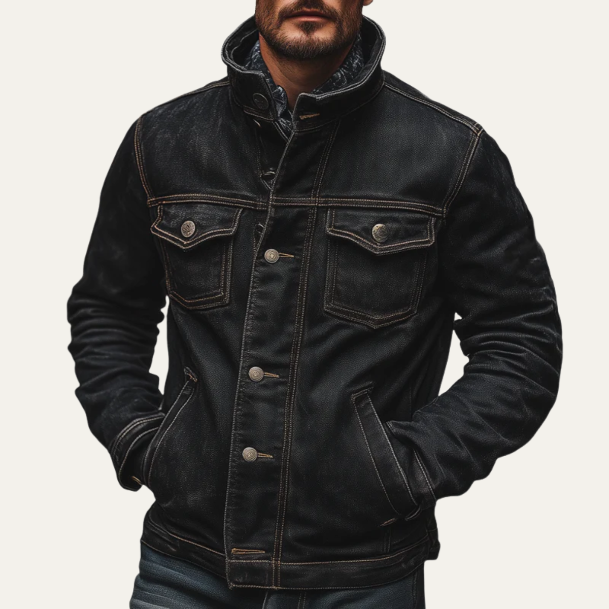 Men's Black Denim Trucker Jacket Multi Pocket Vintage Washed