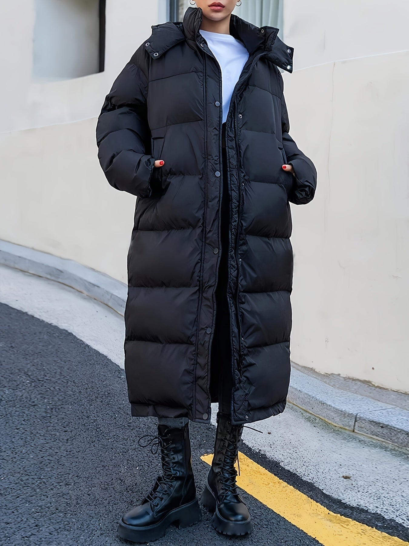Women's Long Black Puffer Jacket Quilted Hooded - VibreMode