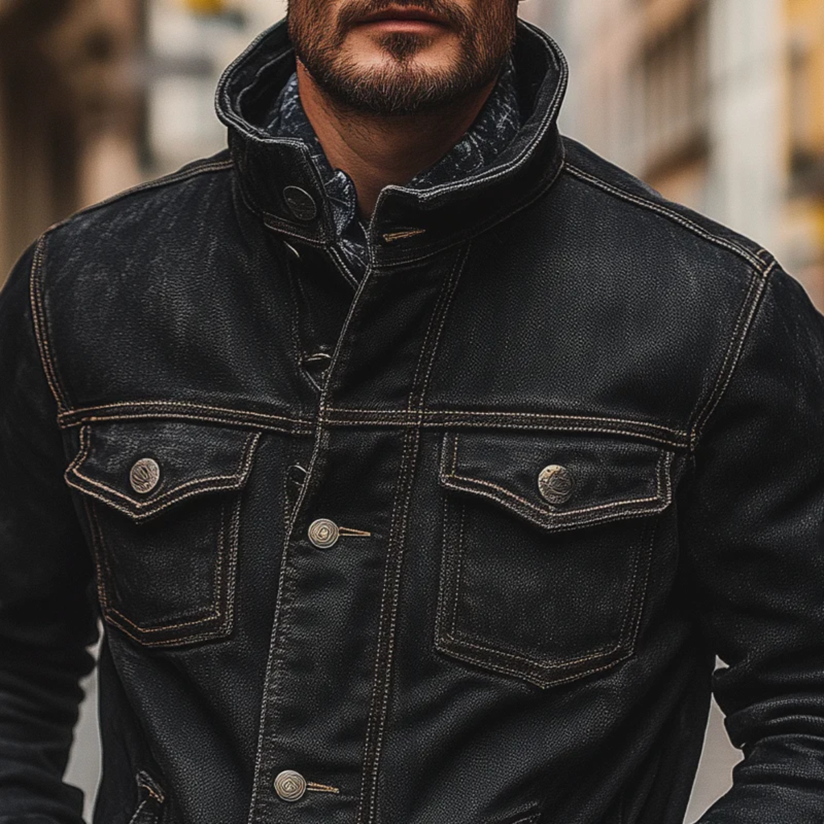 Men's Black Denim Trucker Jacket Multi Pocket Vintage Washed