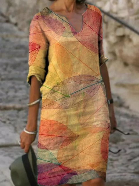 Women's Midi Dress Leaf Print V-Neck Three-Quarter Sleeves - VibreMode