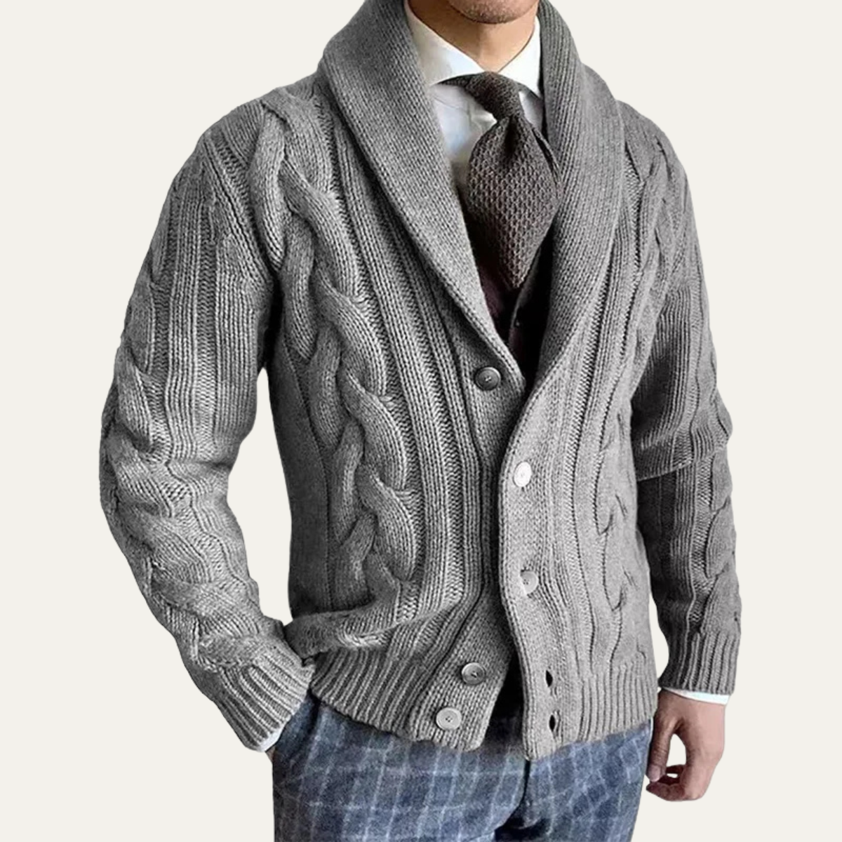 Men's Cable Knit Cardigan Warm Shawl Collar Beige