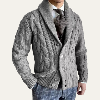 Men's Cable Knit Cardigan Warm Shawl Collar Beige