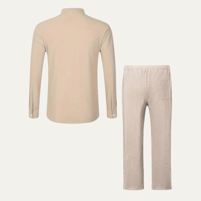 Men's Linen Polo Pants Set Lightweight Casual Beige