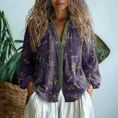 Women's Nature Print Blouse Split V-Neck - VibreMode