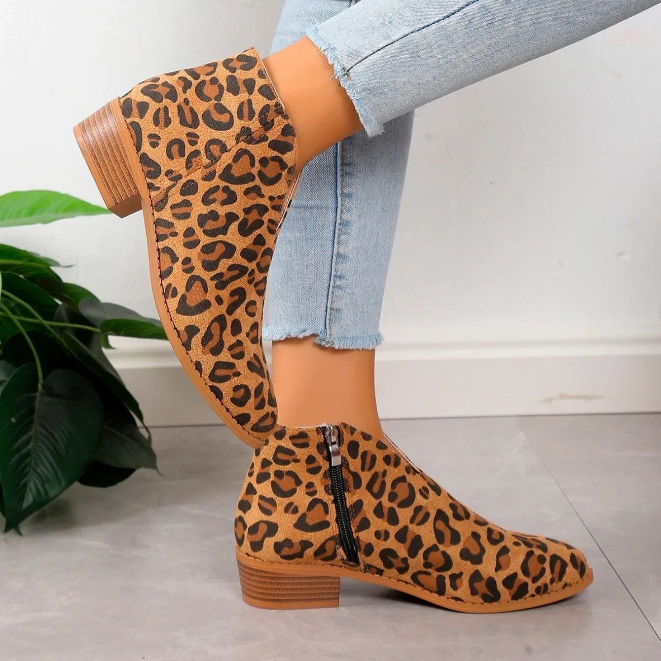 Chic Leopard Ankle Boots for Women with Zip