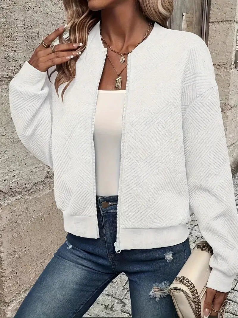 Women's Zip-Up Cardigan Ribbed Hem Long Sleeves