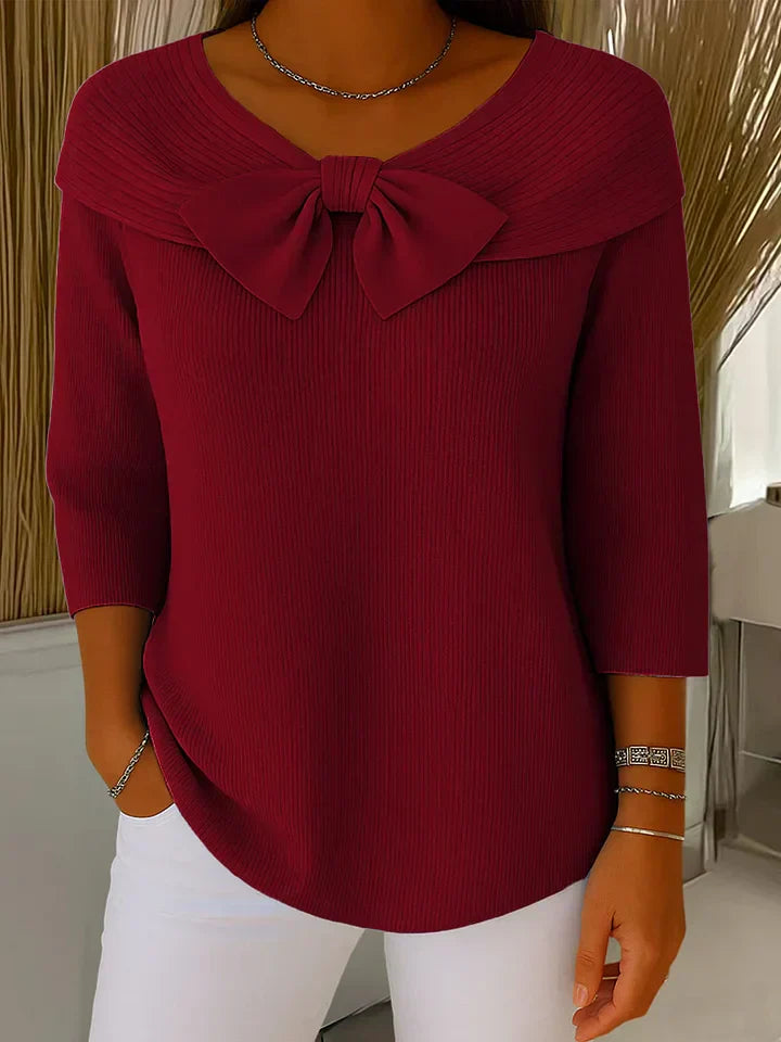 Women's Cable Knit Sweater with Bow Neck