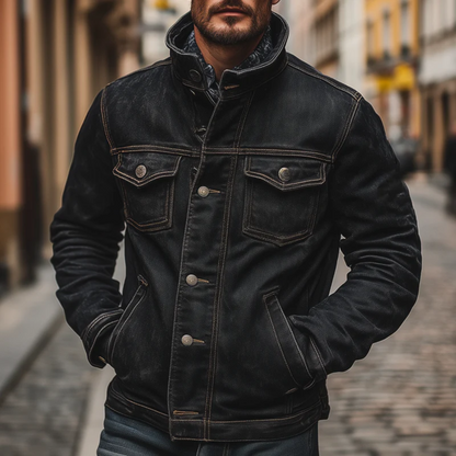 Men's Black Denim Trucker Jacket Multi Pocket Vintage Washed