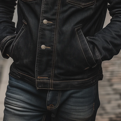 Men's Black Denim Trucker Jacket Multi Pocket Vintage Washed