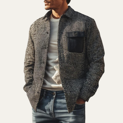 Men's Houndstooth Jacket Black Wool Winter Overshirt