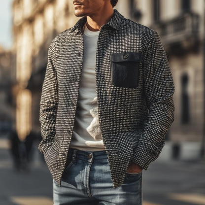 Men's Houndstooth Jacket Black Wool Winter Overshirt