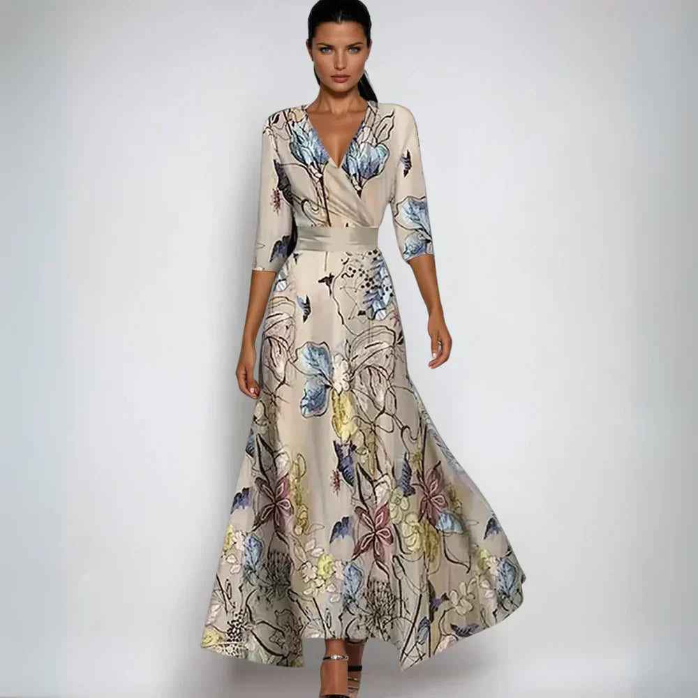 Woman wearing a floral dress with a plain background