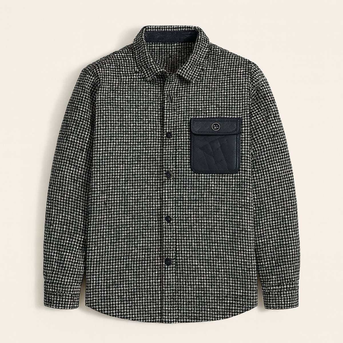 Men's Houndstooth Jacket Black Wool Winter Overshirt - VibreMode