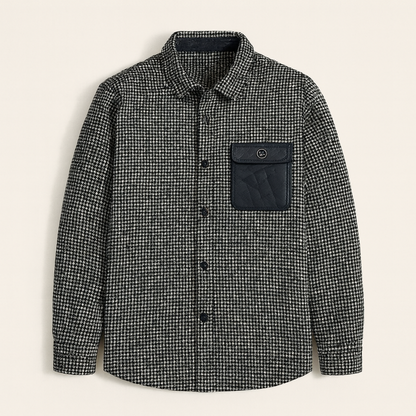 Men's Houndstooth Jacket Black Wool Winter Overshirt - VibreMode