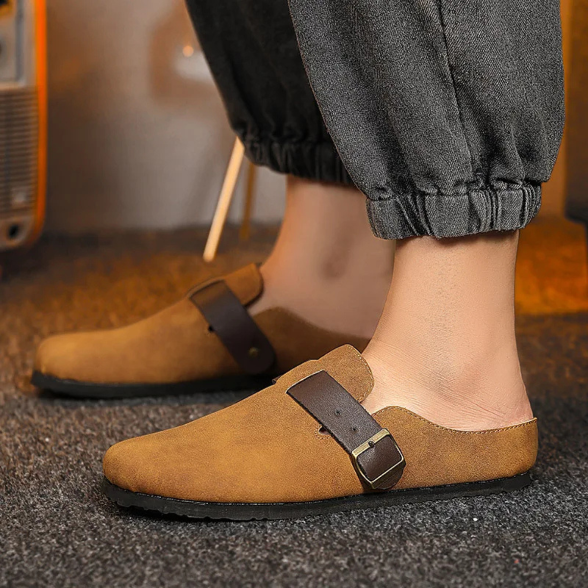 Men's Suede Moccasin Slippers Buckle Brown
