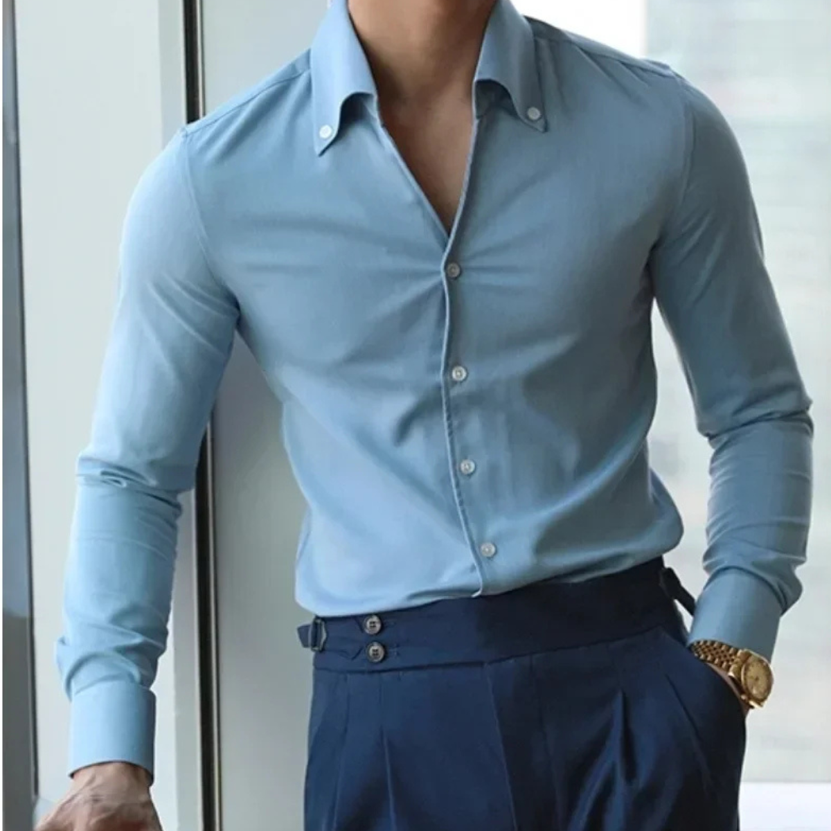 Men's Light Blue Button Up Shirt Italian Collar Cotton