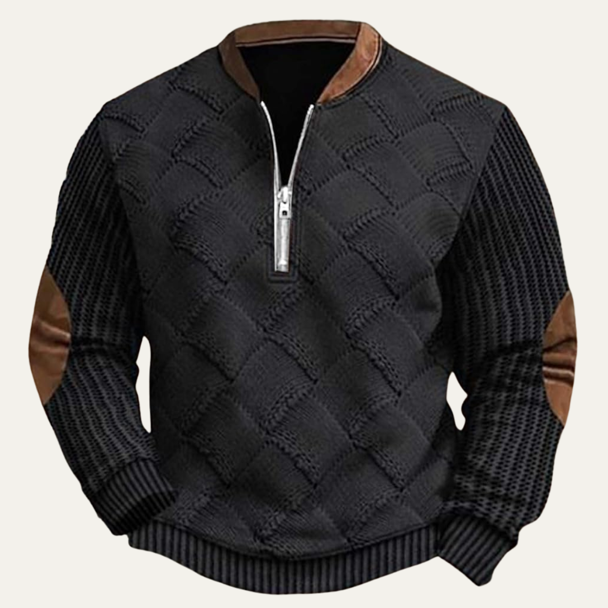 Men's Patterned Half Zip Sweater Wool Elbow Patches - VibreMode