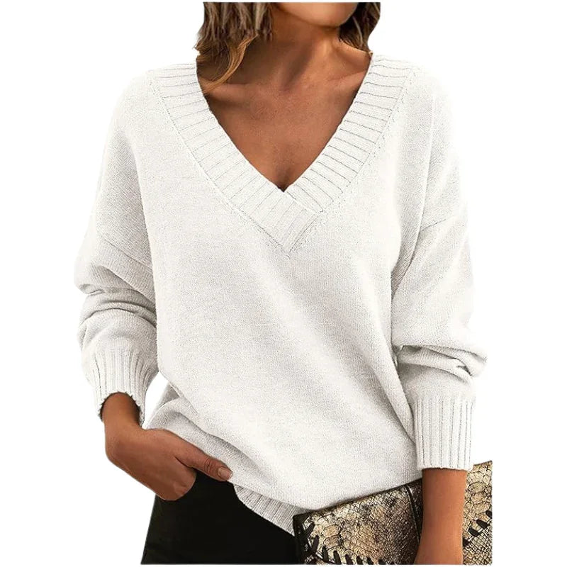 Women's Textured Knit Sweater Relaxed Fit V-Neck