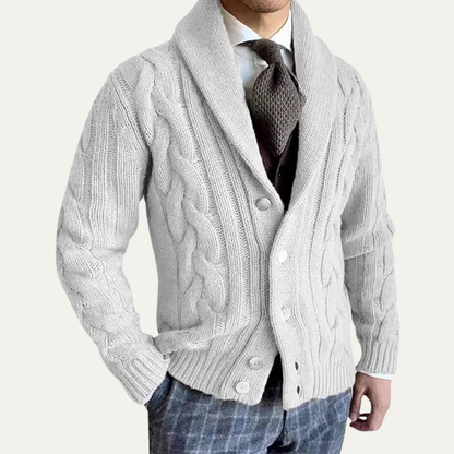 Men's Cable Knit Cardigan Warm Shawl Collar Beige
