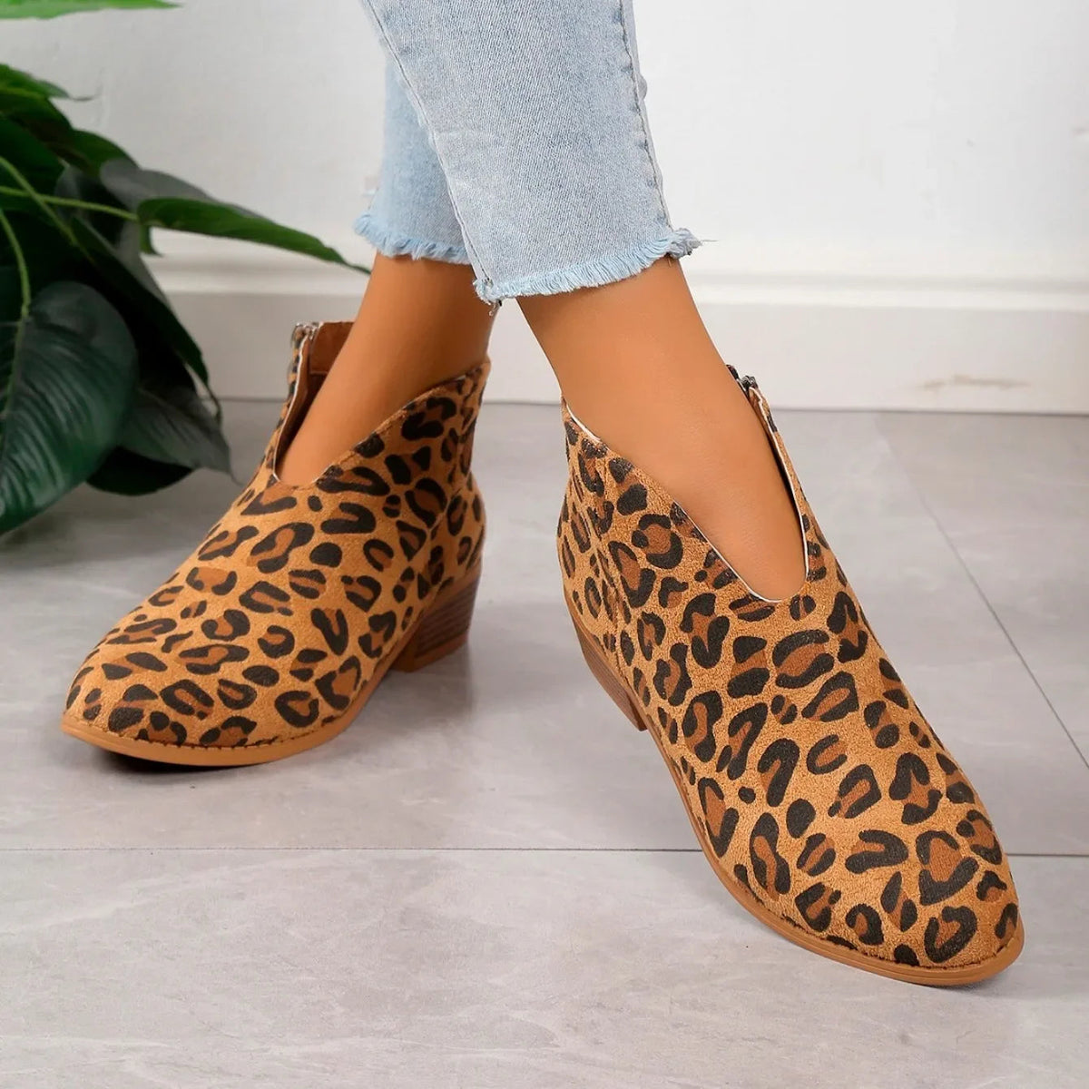 Chic Leopard Ankle Boots for Women with Zip